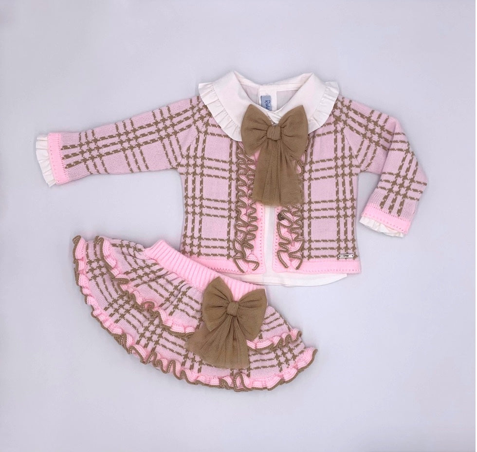 Pink and Camel Winter Knit Skirt Set